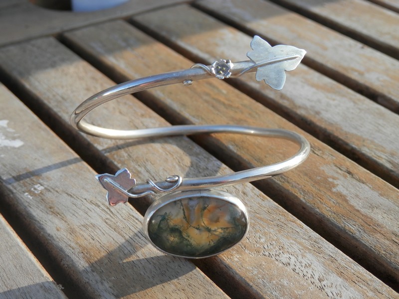 Bracelet rigide elfique: Argent 925, Agate mousse